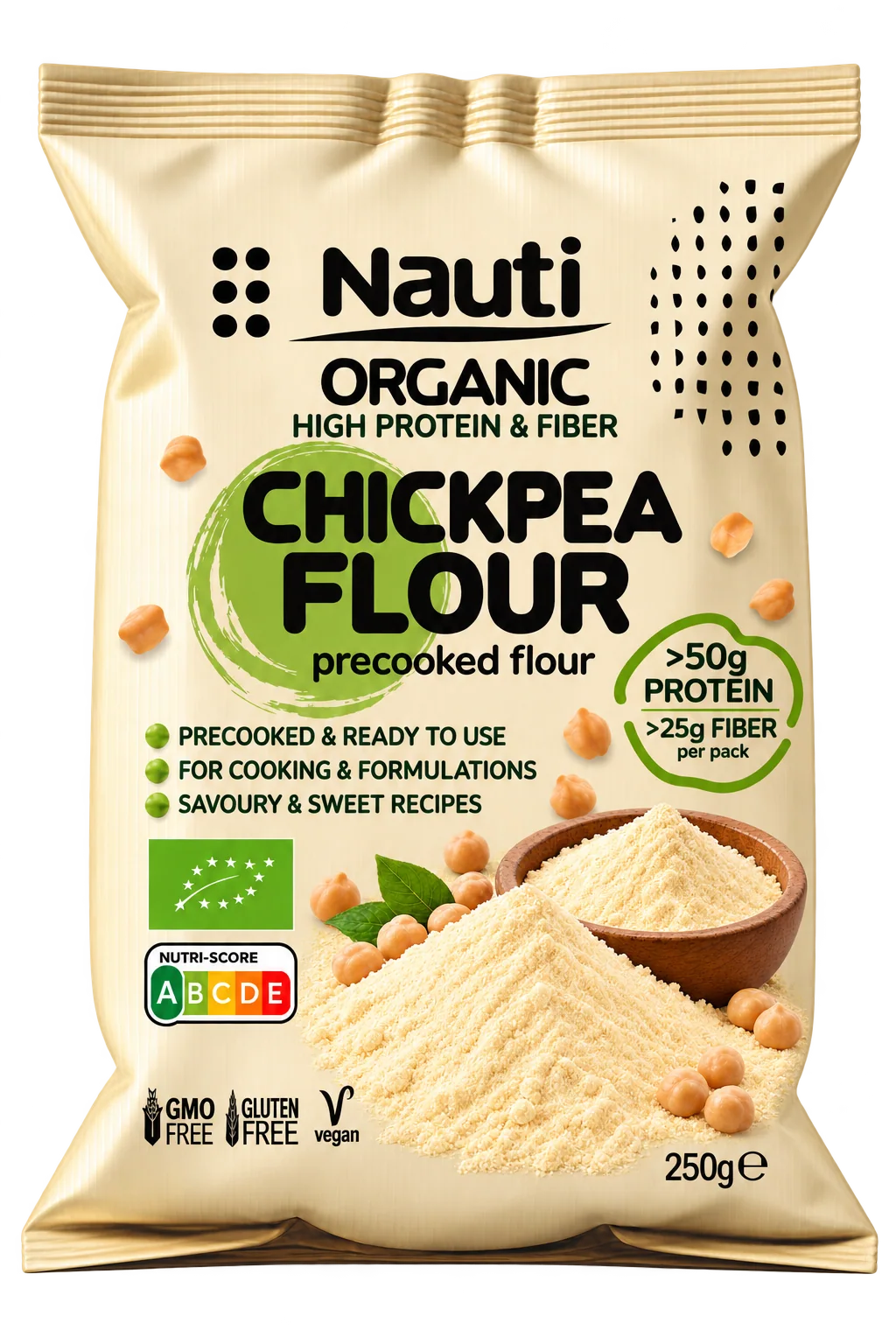 Nauti Organic Precooked Chickpea Flour 250g pillow bag